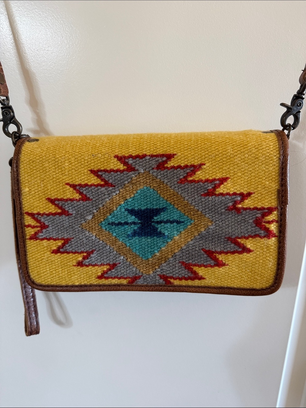 American Darling Woven Aztec Crossbody Bag in Mustard Yellow with Teal and Gray